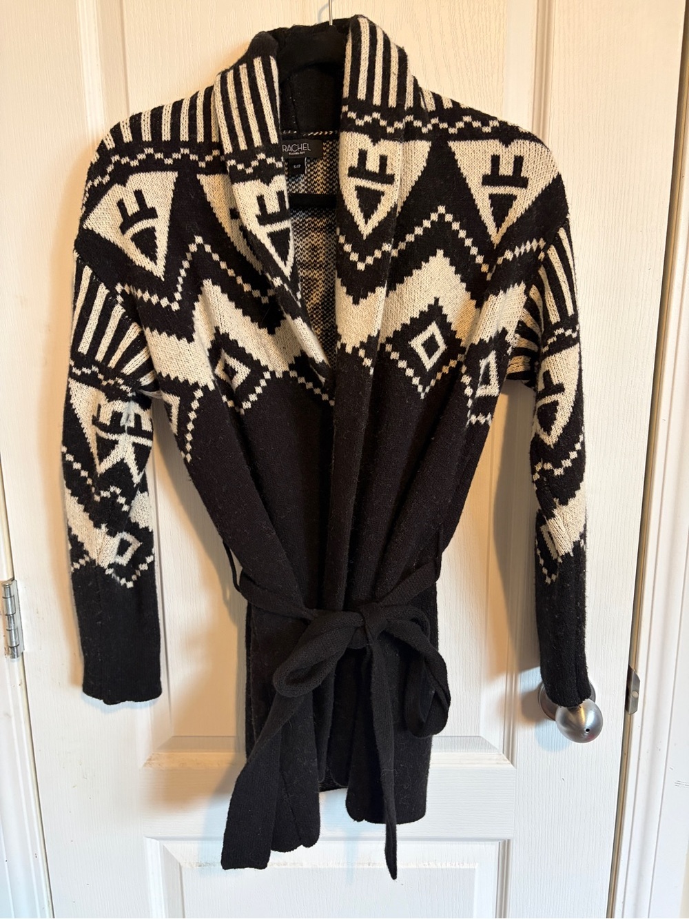 RACHEL Rachel Roy Black and Cream Geometric Belted Cardigan